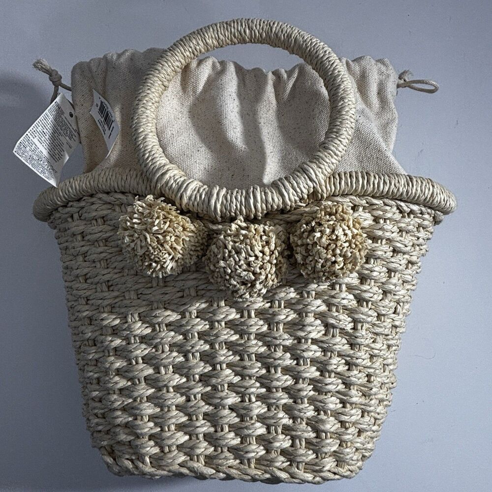 Banana Republic Pom Pom Straw Basket Bag NWT Natural Woven Beach Tote Drawstring
